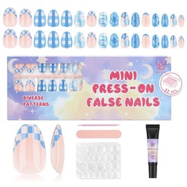Kit de uñas postizas Qiek de 16 tamaños para niñas: 32 puntas de uñas postizas francesas almendradas para niñas de 8 a 12 años con adhesivos de uñas d