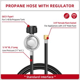 ZODIRISE 6 Feet Propane Regulator and Hose for Low Pressure Appliance with QCC1 & 3/8" Female Swivel Fittings, Propane Gas Line for BBQ Grill, Heater, Burner, Generator, Griddle, Fire Pit