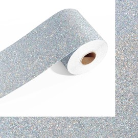 Wallderful Silver Glitter Bulletin Board Borders Roll Self Adhesive Glitter Wallpaper Peel and Stick Sparkle Poster Board Border Trim for Shcool Classroom Blackboard Mirror Frame Cabinet DIY Decor