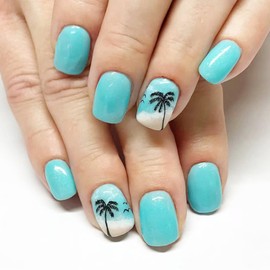 Summer Beach Press on Nails Short Square Fake Nails with Coconut Tree Seagull Design Blue Wave False Nails Acrylic Artificial Nails Glossy Full Cover Stick on Fingernails for Women 24Pcs