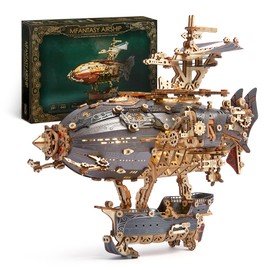 FUNPOLA 3D Puzzle Wooden Puzzle Fantasy Airship Steampunk DIY Craft Kit with LED Light for Adults and Kids Intricate Model Making Set Gray 648PCS