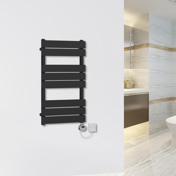 Warmehaus Prefilled Black Electric Heated Towel Rail Thermostatic 800x450mm With Chrome LCD Display Heating Element