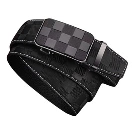 Men's Leather Ratchet Belt, Black with Metal Plate Buckle, Square Design, 3.2 cm Width