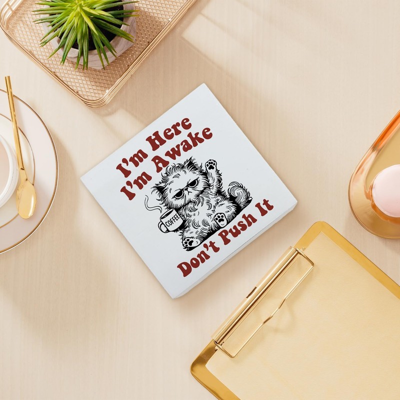 Funny Office Desk Decor, Cat Coffee Wooden Sign, Cute Office
