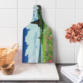 Ambesonne Balinese Cutting Board, Pura Ulun Danu Building Bali Tropic Flowers Water Plants Tower in Sea Scenery, Decorative Tempered Glass Cutting and Serving Board, Wine Bottle Shape, Green Pink Blue