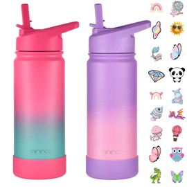 Mininoo Kids Water Bottle for school, Insulated 16oz Stainless Steel Water Bottle Kids with Straw Lid for Girls, Boys(2 Pack)