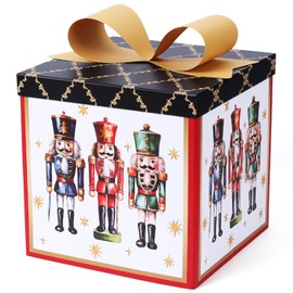 LaRibbons Large Christmas Gift Boxes with Lids, 10x10x10 Inches Nutcracker Design Folding Square Gift Boxes for Christmas Decorative Xmas Present, Red and Black