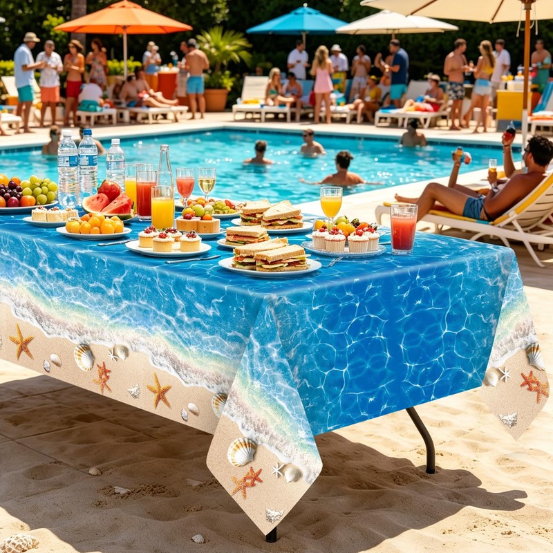 Herytem 3-Piece 54 x 108 Inch Summer Beach Plastic Tablecloth