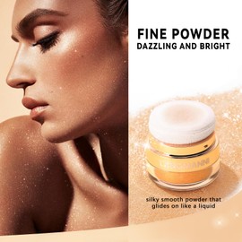 HOSAILY Body Glitter Powder, Air Cushion Highlighter for Face, Hair, Eye Brightener, Sparkling Bronze Body Shimmer Patting Powder Smooth Easy-Use Blush Glow Makeup, Golden Brown