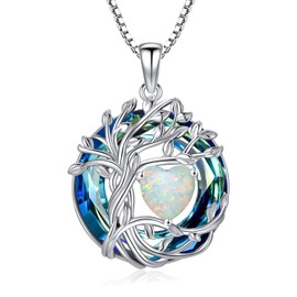 Tree of Life Necklaces for Women s925 Sterling Silver Celtic October Birthstone Opal Pendant Necklace with Blue Austrian Crystal Anniversary Wedding Irish Jewelry Christmas Brithday Gifts for Women Her Wife Mom Mother