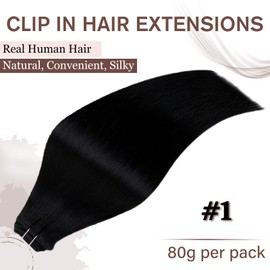 Hetto Black Clip in Hair Extensions Real Human Hair Clip in Extensions Remy Human Hair Clip on Hair Extensions Jet Black Full Head #1 80g 16Inch