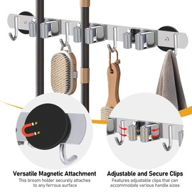 KIBBEH Heavy-Duty Magnetic Storage Rack for Brooms and Mops, Wall-Mounted Non-Slip Holder, Strong Magnetic Hooks for Hanging Tools