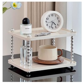 KJArrow 2 Tier Plastic Bathroom Tray Storage Decorative Tray, Rings Necklace Bracelets Earrings Jewelry Rectangle Vanity Trays Make-up Organizer Light Luxury Plate Aesthetic Room Decor