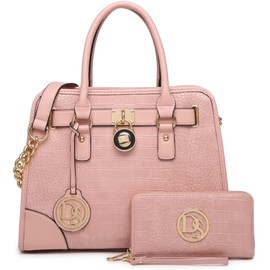 Dasein Women Handbags Top Handle Satchel Purse Shoulder Bag Hobo Bag Work Bag Set 2pcs (Croco Pink)