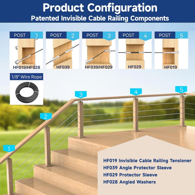 RiaYer 20-Piece 1/8" Stainless Steel Cable Railing Kit - Invisible