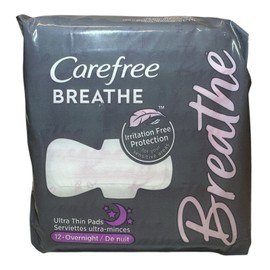 Carefree Breathe Ultra Thin Pads Irritation Free Protection Overnight 12 Ct NEW