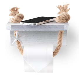 Perfeso.L Farmhouse Toilet Paper Holder - Beach Toilet Paper Roll Holder Nautical Rope Starfish Towel Rack with White Shelf, Wall Mounted Rustic Morden Bathroom Decor Wood Tissue Towel Holder