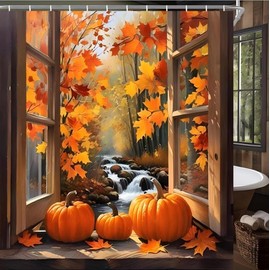 Wiplis - Cortina de ducha de otoño, hojas de arce de otoño, calabazas y escena rústica de arroyo, tela impermeable para decoración de baño de granja o tema de Acción de Gracias, 72 x 72 pulgadas con