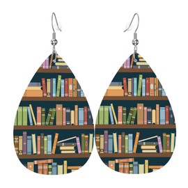 MIOAOSRT Books Earrings Bookshelves Full of Books Faux Leather Earrings Leaf Earring Teardrop Dangle Earrings for Women