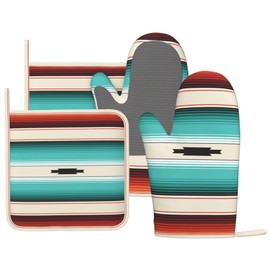 DYCBNESS Mexican Serape Turquoise Oven Mitts Pot Holders Set Silicone Boho Ethnic Striped Kitchen Oven Mitts Heat Resistant Potholders Non-Slip 4pcs Hot Pads and Oven Gloves Sets for Cooking,Grilling