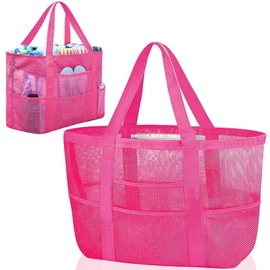 UptVin Women's Large Mesh Beach Bag, Mesh Swimming Bag, Mesh Bag for Sand Toys, Beach Bag, XXL Family, Foldable Handbags with Pockets, for Beach, Travel, Shopping, Picnic and Everyday Use, red