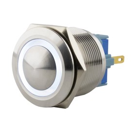 SeKi Stainless Steel Push Switch Diameter 25 mm Locking Curved Head Shape Coloured Illuminated LED Ring in White Soldering Eyelets / Flat Connector 0.5 x 2.8 Connection