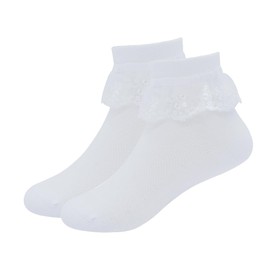 Snegyu Girls White Frilly Ankle Socks Back to School Lace Top Cotton Rich Dance Socks for 9-12 Years