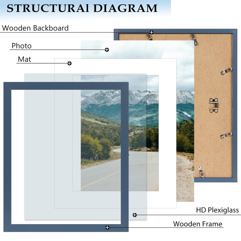 QOTIB 11x14 Picture Frame with 8x10 Mat Navy Blue, Display