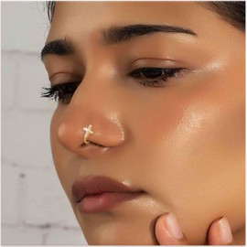Iaceble Bohemia Crystal Cross Nose Ring Gold Crystal Cz Cross Nose Cuff Cross U Shape Clip On Nose Stud Cross Fake Nose Ring Body Nose Ring Jewelry for Women