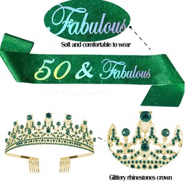 ALRBE TIN 50th Birthday Sash and Tiara Kit - 50 Fabulous Green Sash, Rhinestone Crown, Party Supplies and Decorations Gift Set