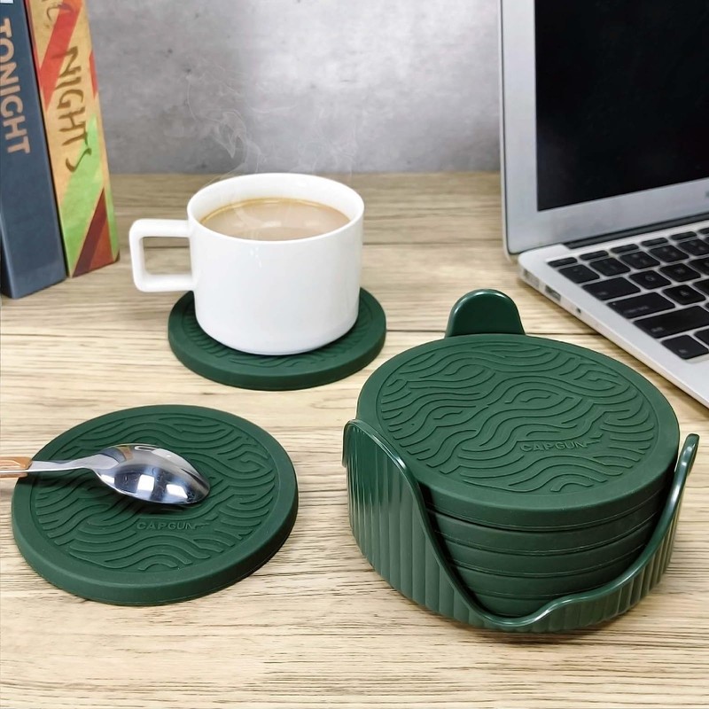 Silicone Coasters 6 Pack Coasters with Deep Tray Holder -