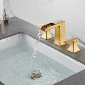 Sanliv Widespread Bathroom Faucet 3 Hole, Brushed Gold Bathroom Sink Faucet, Waterfall Bathroom Faucet, Two Handle Vanity Faucets for Sink 3 Hole with Pop Up Drain