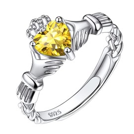 925 Sterling Silver Irish Claddagh Heart Promise Ring, Created Yellow Citrine November Birthstone Delicate Thin Adjustable Engagement Wedding Ring for Her Women Ladies
