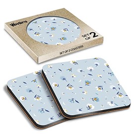 2 x Square Coasters - Small Blue Flowers Floral Pattern Cork Backed MDF Glossy Tea Coffee Accessory #52057