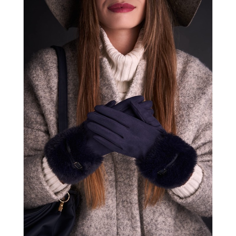 Rose Black Women's Elegant Suede Gloves with Fur - Finest
