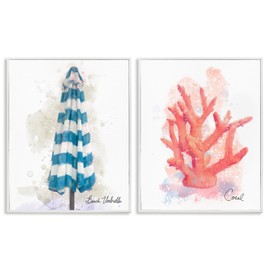 Stupell Industries Beach Umbrella & Coral Branch 2 Piece White Framed Giclee Art Set design by Matthew Piotrowicz, 20 x 16