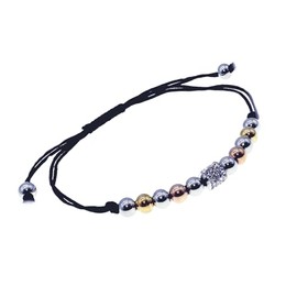 BDM Macrame and Steel Woman Bracelet in Black Braided Thread with Silver Gold and Rose Gold Balls with Adjustable Clasp, Metal