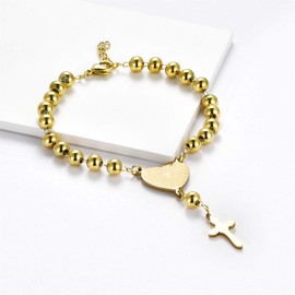 Flongo Classic Christian Catholic Cross Pendant Bracelet Heart Bible Prayer Bead Stainless Steel Silver Gold Black Costume Jewellery for Women and Men