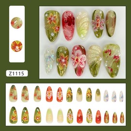 Mkwntg 24Pcs Summer Green Press on Nails Medium Almond Fake Nails with 3D Large Flower Pearl Charms Design Spring Floral Stick on Nails Full Cover Glue on Acrylic Nails for Women Vocation Decoration