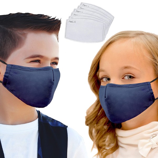 Lucid Eye 2-Pack Navy Blue Kid's Cloth Face Mask, Adjustable Ear Loops, Comfortable Nose Wire and (6) PM 2.5 Filters, Small/Child Children's Size Face Cover