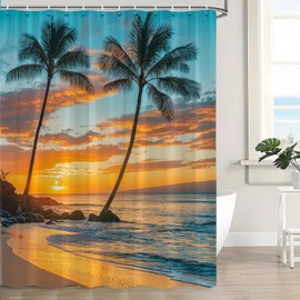 QSSMQS Tropical Beach Shower Curtain Palm Tree Ocean Sunset Orange Sky Hawaiian Seaside Coastal Nature Scenery Sea Wave Fabric Curtain with Hook