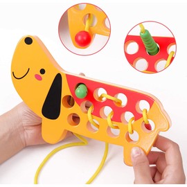 AISHUN Wooden Lacing Threading Toys Fine Motor Skill Toys for 3 Year Old Educational and Learning Montessori Toddler Travel Toy 1 Strawberry and 1 Dog