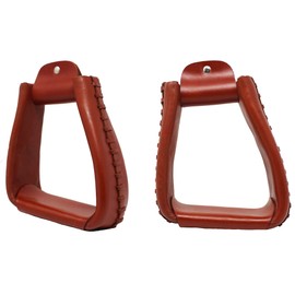 Western Horse Saddle Tack Leather Covered Angled Sloped Stirrups Tan 5155