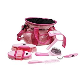 Showman 6 Piece Soft Grip Grooming Kit with Strapped Bag and Pockets on Outside (Pink)
