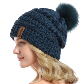 Queenfur Knit Slouchy Beanie for Women Thick Baggy Hat Faux Fur Pompom Winter Hat
