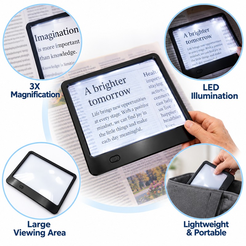 3X Reading Magnifier with LED Lights, Large Lightweight Magnifying Sheet