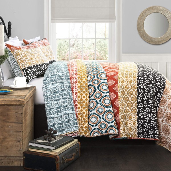 Lush Décor Bohemian Striped Quilt Reversible 3 Piece Colorful Boho Design Bedding Set, Full/Queen, Turquoise