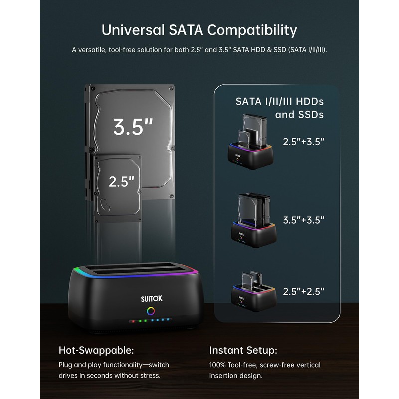 SUITOK Dual Bay SATA Hard Drive Cloner Dock USB C
