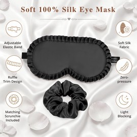 Kids Sleep Mask-Silk Eye Mask with Adjustable Strap Blindfold Sleeping Mask for Kids Matching Hair Ties Accessories Soft Eye Cover Gift for Girls Teens (Black)