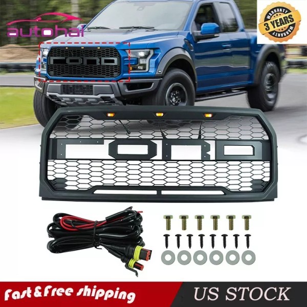 Autohai Front Grill for 2015-2017 FORD F150 W/Lights Black